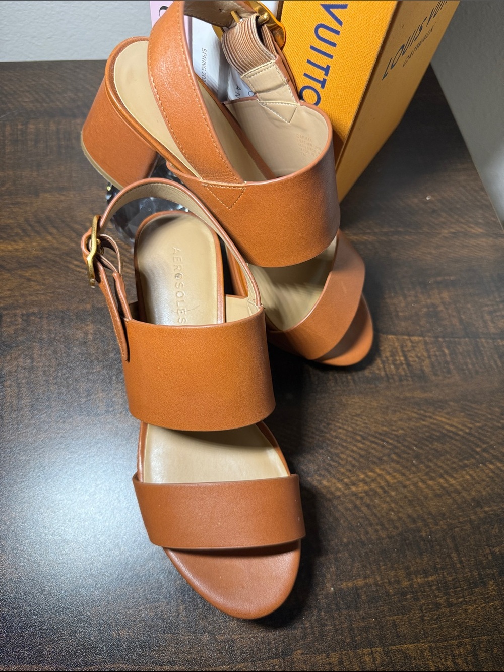 Aerosoles Tan Leather Camera Platform Sandals
